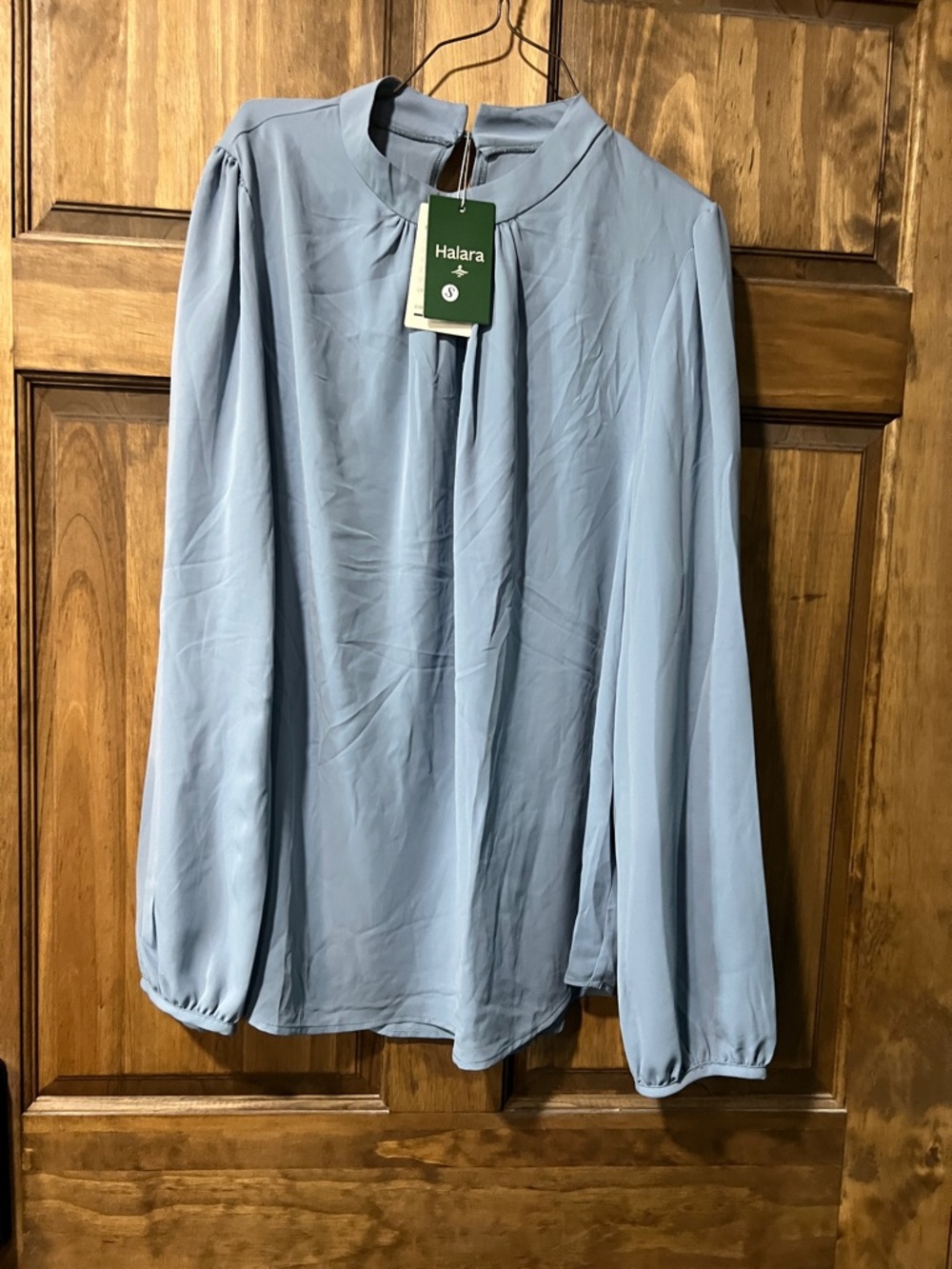 HALARA Light Blue Long-Sleeve Blouse with Gathered Neck